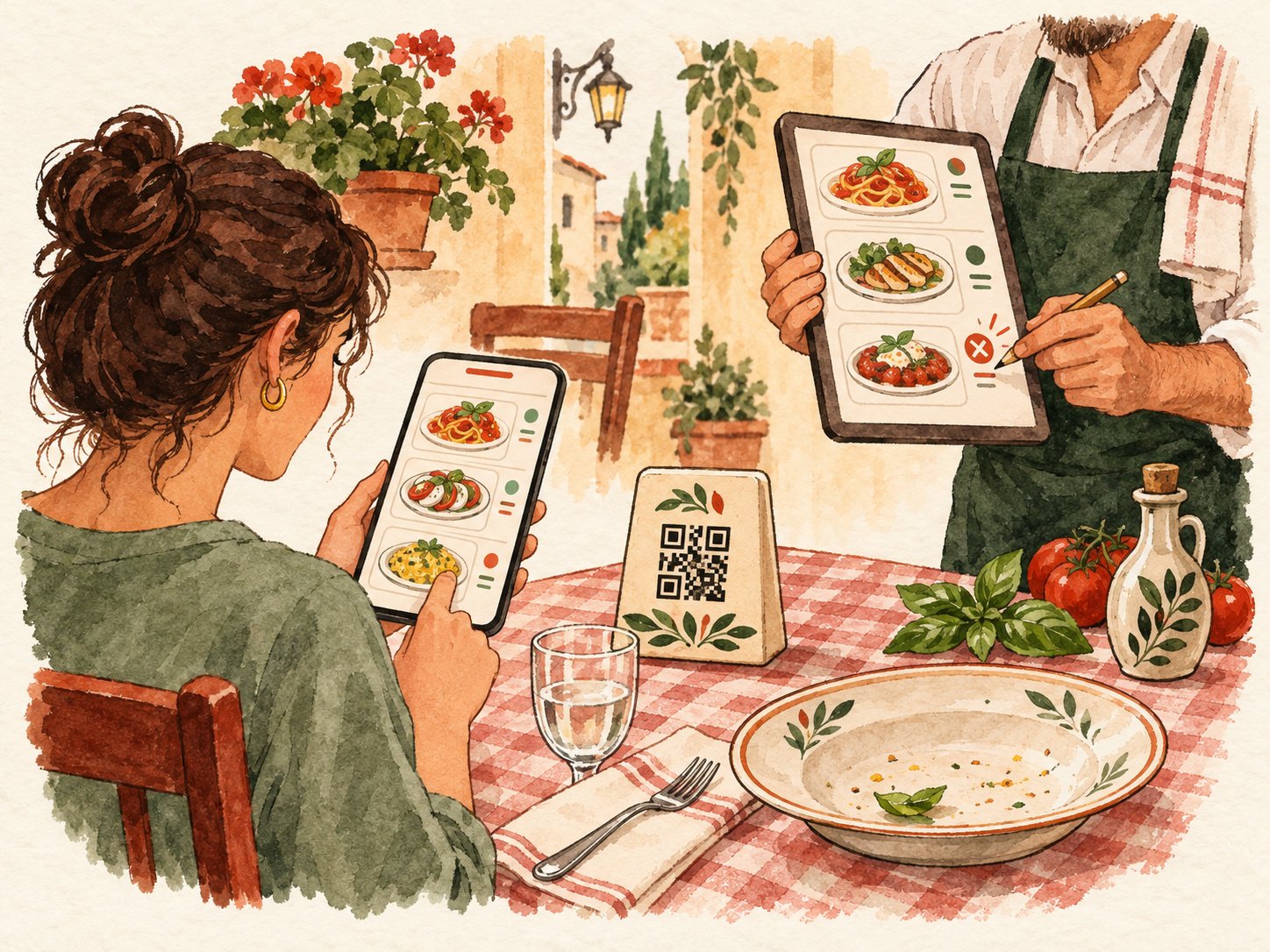 Illustrated menu viewed at a table and dish updated by the owner